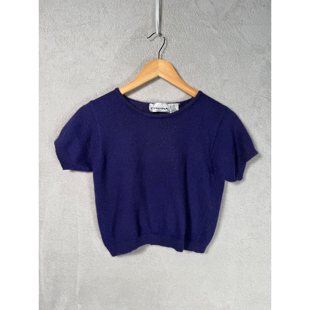 VTG Cristina Purple Angora Blend Short Sleeve Knit Cropped Sweater Top Size M